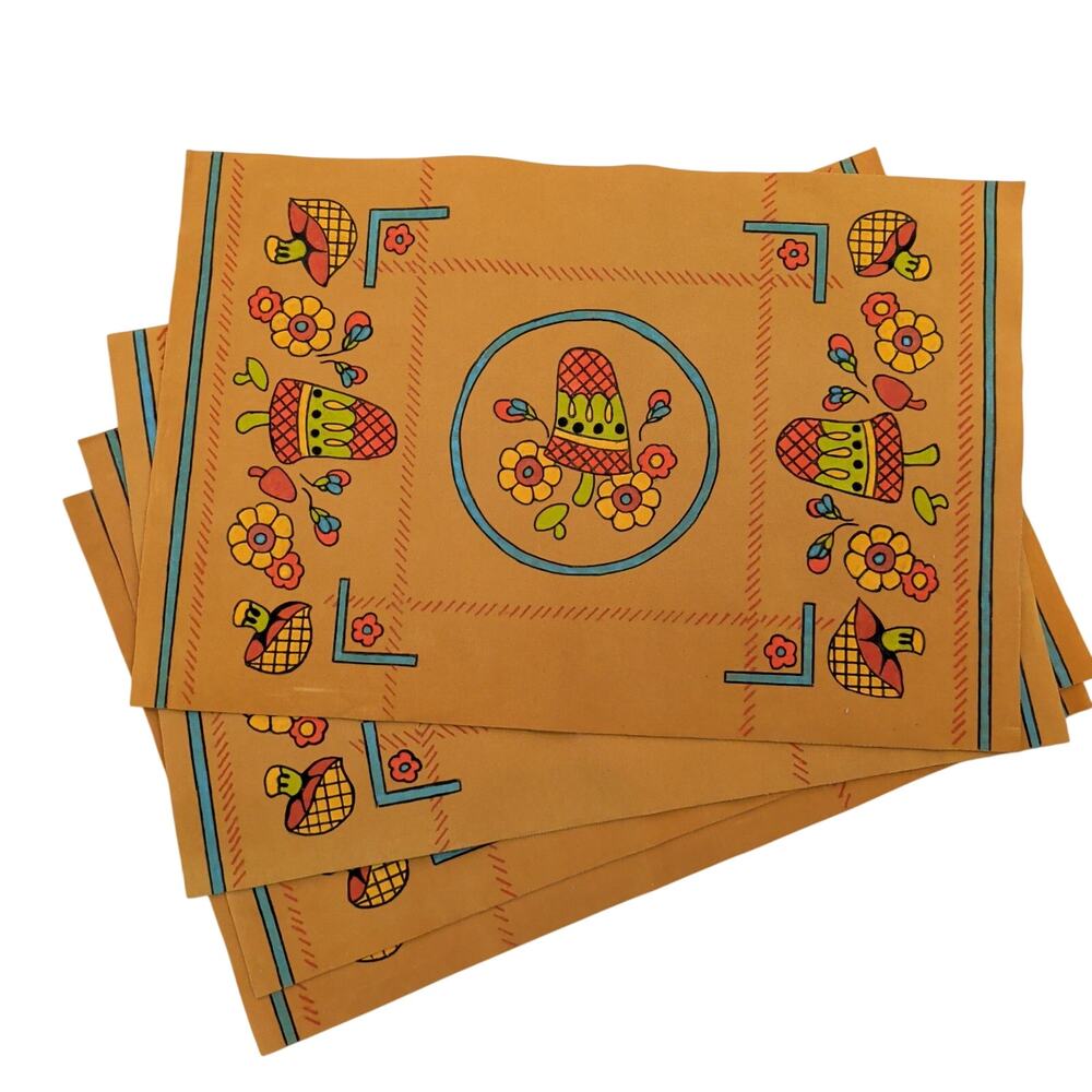 Vintage 70s Mushroom Printed Felt Placemats Orange Green Psychedelic Groovy